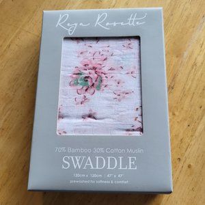 NIB Reya Rosette Swaddle Blanket, 47"x47", 70% Bamboo, 30% cotton, Pink Floral